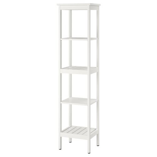 White HEMNES storage unit, 4-tier open shelves, bathroom use, simple timeless design.