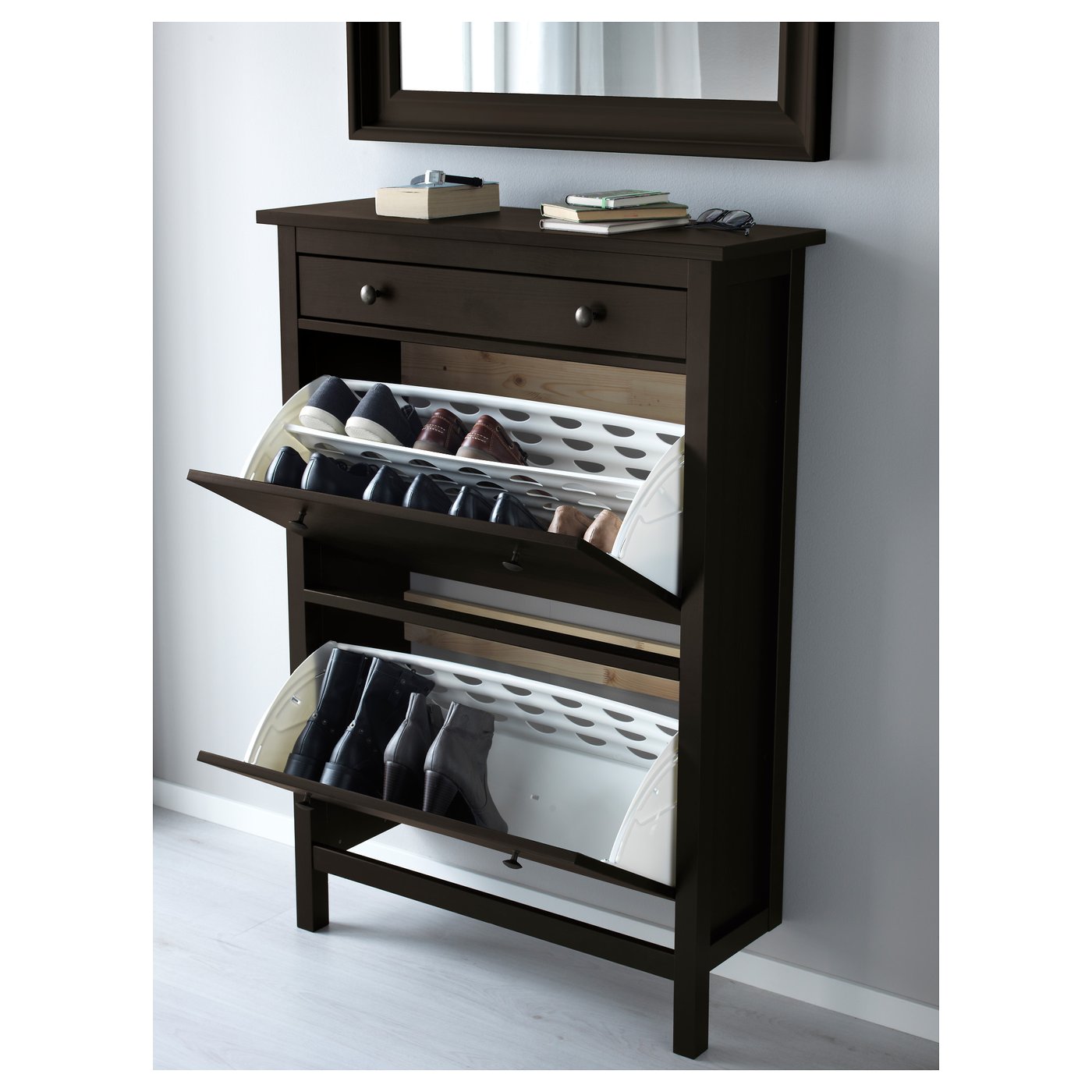 HEMNES shoe cabinet with compartments, black-brown, 89x30x127 cm