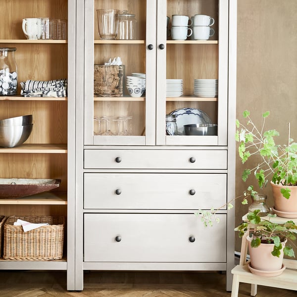 HEMNES Storage combination w doors/drawers, white/light brown stained, 180x197 cm
