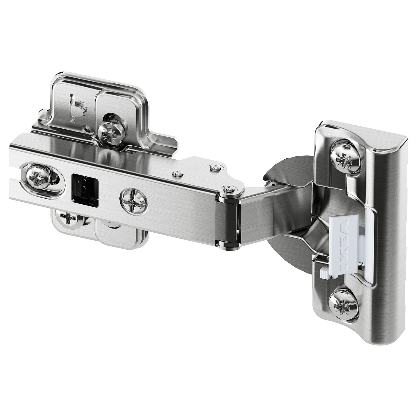 A silver HJÄLPA hinge with a built-in damper for soft door closure. Its metallic with a sleek design and star-shaped screws.