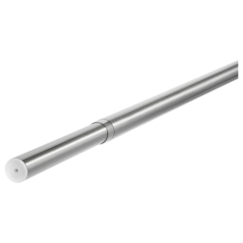 Silver flexible curtain rod, adjustable, metallic, cylindrical shape.