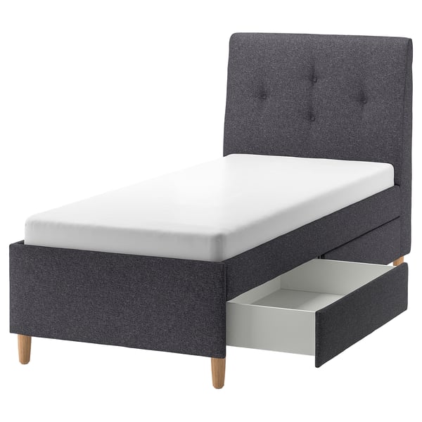 IDANÄS Upholstered storage bed, Gunnared dark grey, 90x200 cm
