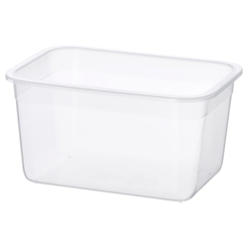 A clear, empty IKEA 365+ plastic food container, rectangular in shape, ideal for storing leftovers.