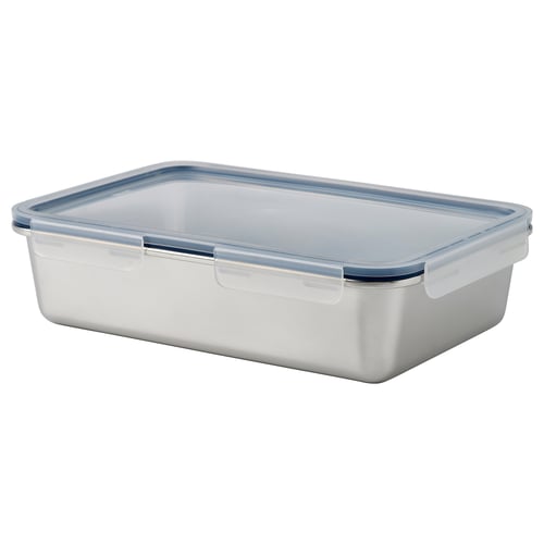 IKEA 365+ stainless steel food container with blue lid, rectangular, snap-lock design, transparent cover.