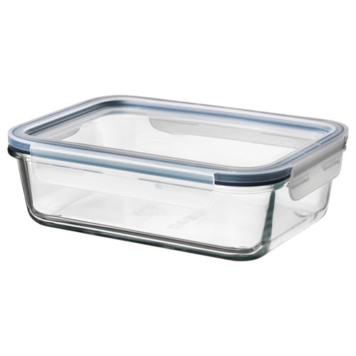 IKEA 365+ clear glass food container with snap-lock lid. Rectangular shape, transparent, for storing or heating food.