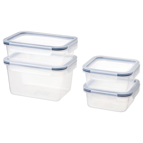 IKEA 365+ clear plastic food containers with blue lids, stackable, leak-proof.