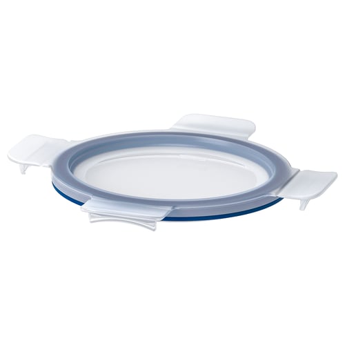 IKEA 365+ round, clear, blue-rimmed, snap-lock lid, made of polypropylene plastic and silicone rubber.