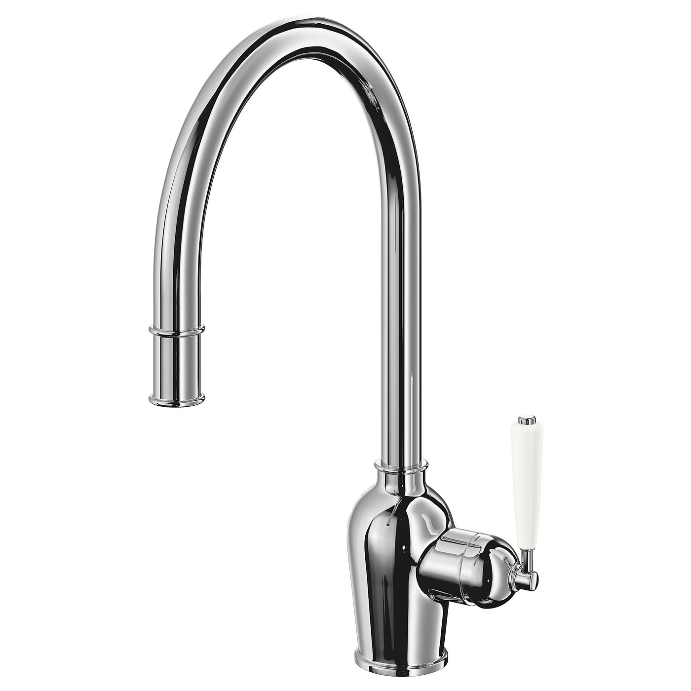 INSJÖN chrome tap, sleek curved spout, white handle, chrome-finished zinc.