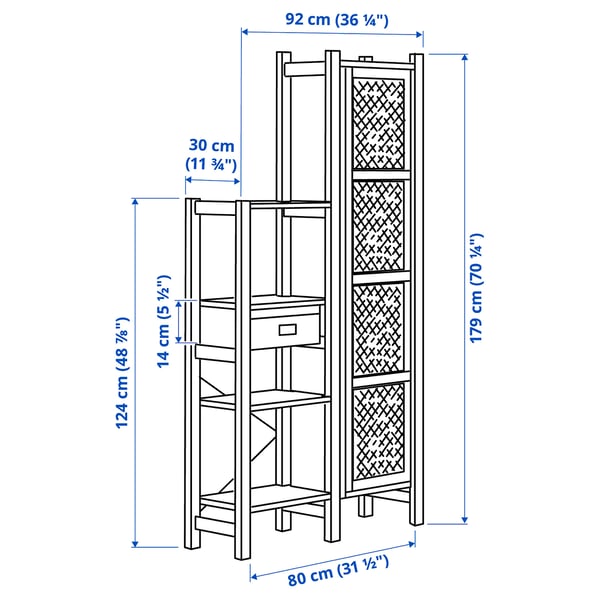 IVAR 2 sections/shelves/cabinet, pine/black mesh, 92x30x179 cm