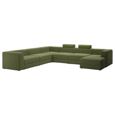 JÄTTEBO U-shaped sofa, 7-seat, with chaise longue, right with headrests/Samsala dark yellow-green