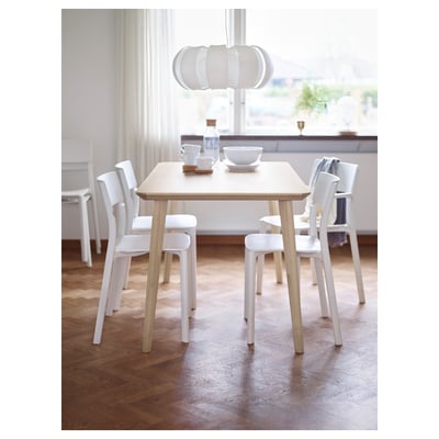 Displays a white, modern JANINGE chair with a clean design and four straight legs.