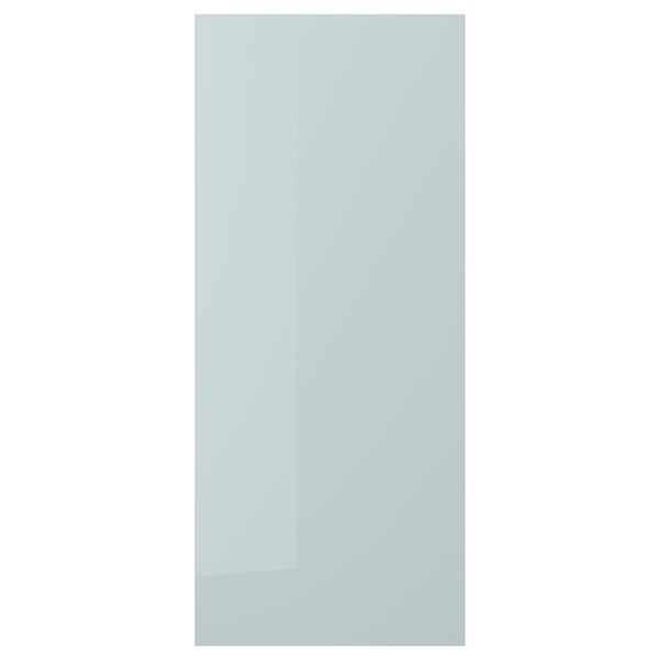 KALLARP high-gloss grey-blue kitchen cabinet door, sleek, straight lines, eco-friendly.