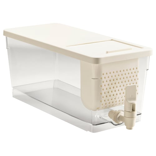 KLIPPKAKTUS white chilled beverage container with tap, made of plastic, for refrigerator use.