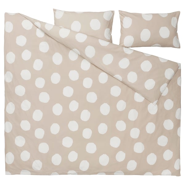 KLYNNETÅG Duvet cover and 2 pillowcases, beige/white/dotted, 240x220/50x80 cm