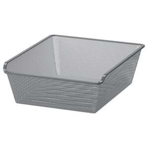 A KOMPLEMENT mesh storage basket, grey, made of steel with a powder coating. Its rectangular and designed for organising clothes and accessories.