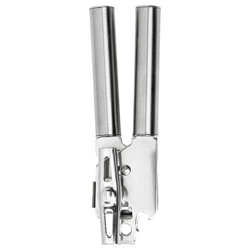 KONCIS stainless-steel can opener. Sturdy, silver tool for efficient can and bottle opening. Sleek, ergonomic design for comfortable use.