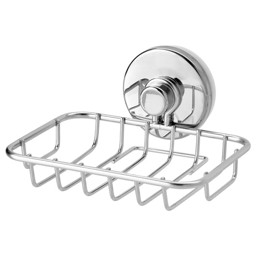 Silver KROKFJORDEN soap dish with rectangular grid, suctions to smooth surfaces.