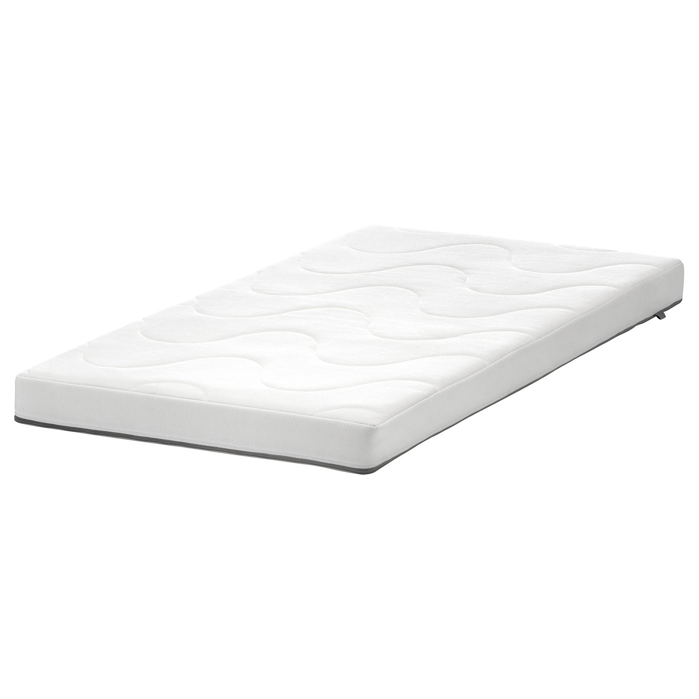 White KRUMMELUR cot mattress, rectangular, quilted surface, polyester, safe for kids.