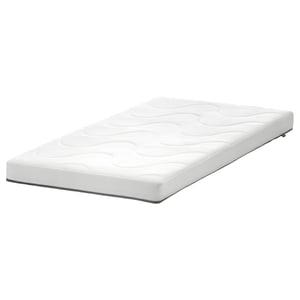 White KRUMMELUR cot mattress, rectangular, quilted surface, polyester, safe for kids.