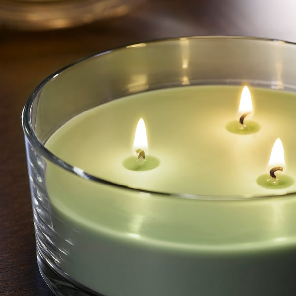 LOTSFÅGEL Scented candle in glass, 3 wicks, Apple light green, 25 hr