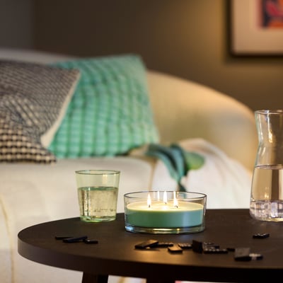 LOTSFÅGEL Scented candle in glass, 3 wicks, Apple light green, 25 hr