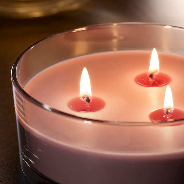 LOTSFÅGEL Scented candle in glass, 3 wicks, Red berries light pink, 25 hr