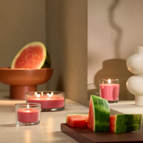 LOTSFÅGEL Scented candle in glass, Watermelon bright pink, 20 hr