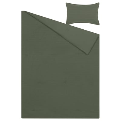 Dark green duvet cover and pillow sham set. Simple, textured waffle design, rectangular shape.