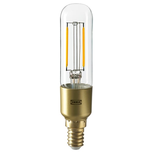 Ikea LUNNOM bulb, gold base, clear glass, led, vintage shape, warm light.