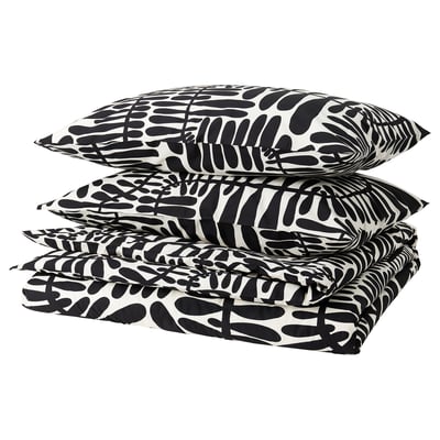 MAJSMOTT Duvet cover and 2 pillowcases, off-white/black, 240x220/50x80 cm