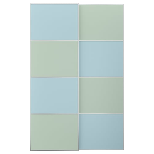 A modern sliding door with a sleek, rectangular design in blue and green shades. Made of aluminium and fibreboard, its perfect for pax frames.