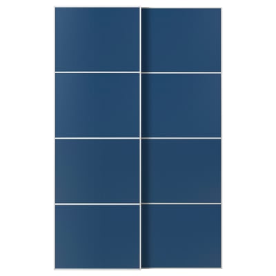 A pair of blue sliding doors with a sleek, modern design, consisting of four panels with a smooth finish.