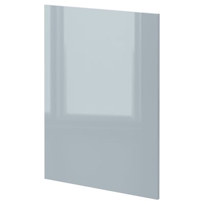 METOD high-gloss grey-blue kitchen cabinet door with grooved square design.