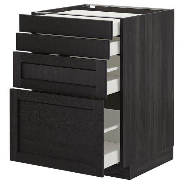 Black METOD kitchen cabinet with wood grain, multiple drawers and a pullout shelf.