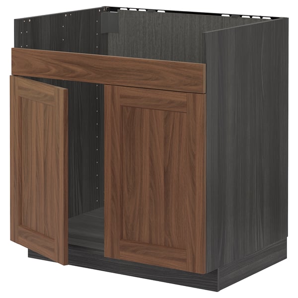METOD kitchen cabinet, walnut-colored, dark wood grain, two doors, sturdy build.
