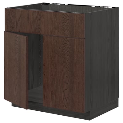 Dark brown wooden kitchen cabinet with sturdy frame, featuring solid wood edges and veneer finish.