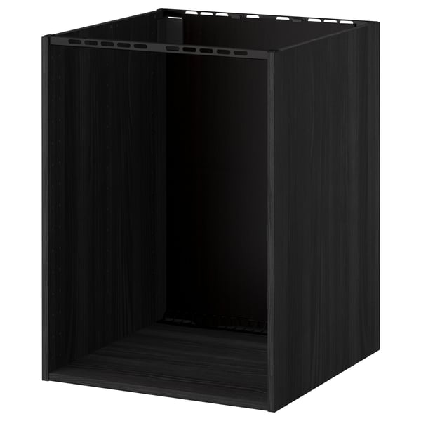 A black METOD kitchen cabinet, rectangular with a ventilated back, made from particleboard and fiberboard, designed for storing kitchen essentials.