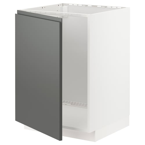 Modern grey kitchen cabinet, white interior, sleek design with integrated handles.