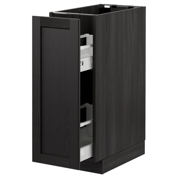 Modern black kitchen cabinet with pull-out drawer, sleek design, dark wood finish.