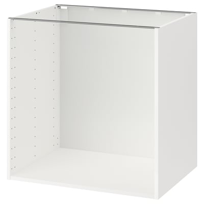 A white METOD kitchen cabinet frame. Its a modern, rectangular design with a sleek, clean look, and ready-made holes for shelf adjustment.