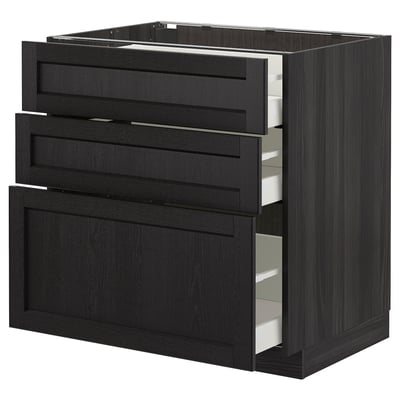 Black kitchen cabinet with three drawers, modern design. Crafted from ash and particleboard, featuring sleek, bevelled edges.
