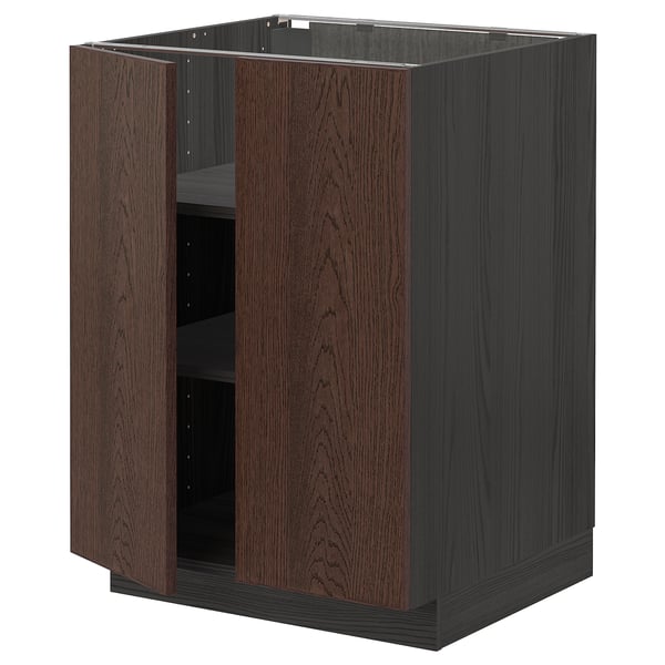 Dark brown wooden kitchen cabinet unit with shelves.