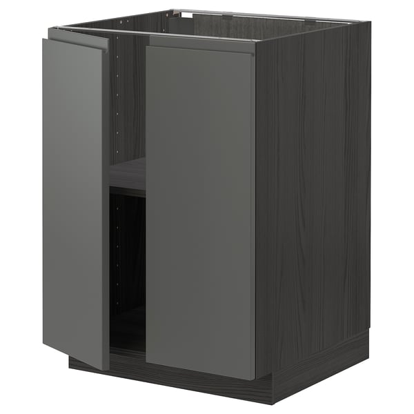 A modern dark grey kitchen cabinet with a wooden texture, featuring a single door and adjustable shelf.
