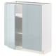 Depicts a white METOD kitchen cabinet with high-gloss grey-blue doors. The cabinet is rectangular with minimalist design and smooth edges.