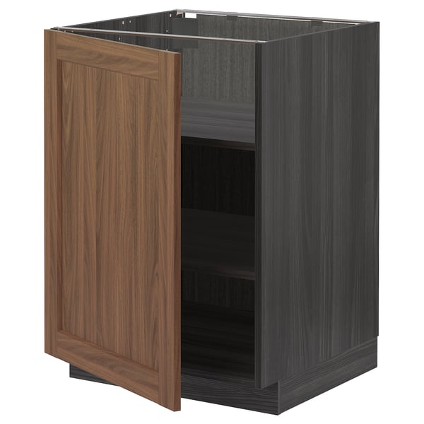 Modern open cabinet from IKEAs METOD line. Dark wood veneer door, grey frame. Adjustable shelves, sturdy design.