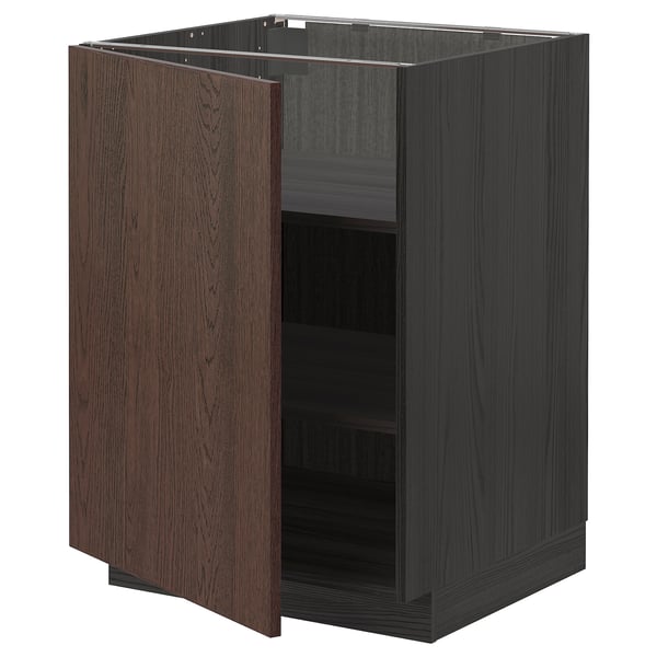 Dark brown kitchen cabinet, modern design, oak veneer, square corners, adjustable shelves.