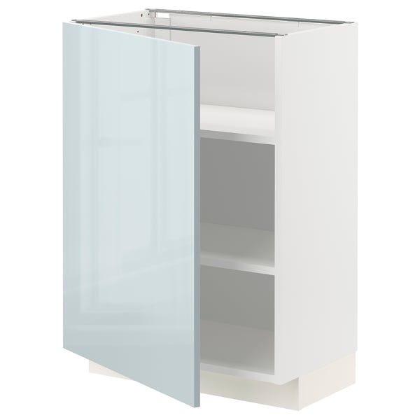A modern, white METOD kitchen cabinet with a glossy grey-blue door and adjustable shelves.