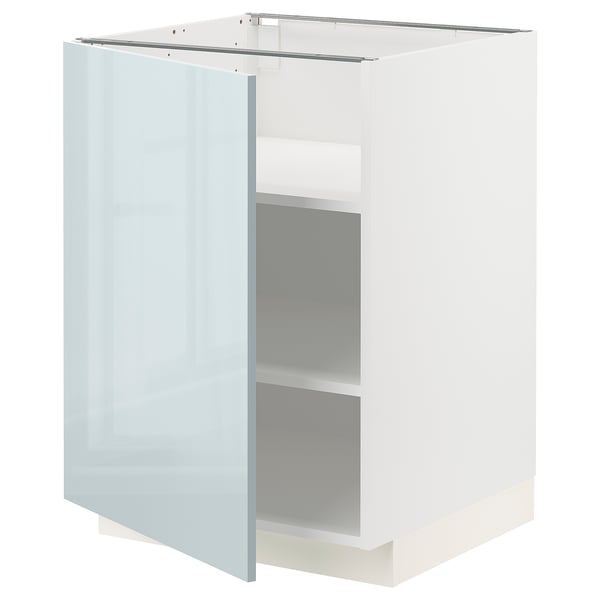 A high-gloss grey-blue METOD kitchen cabinet. It is rectangular with an open section revealing shelves inside.