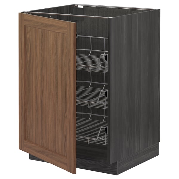 An open kitchen cabinet from the METOD series with a walnut-colored door and black frame, showcasing multiple wire shelves.