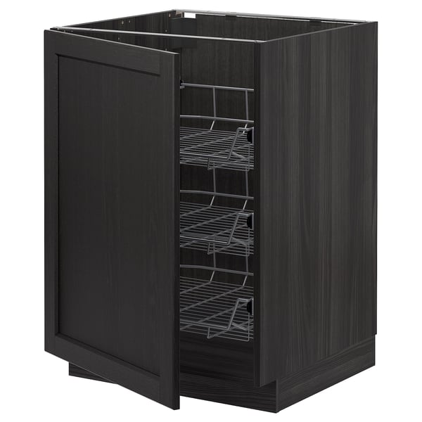 A dark grey METOD kitchen cabinet with pull-out wire baskets, designed for storing pots and pans.